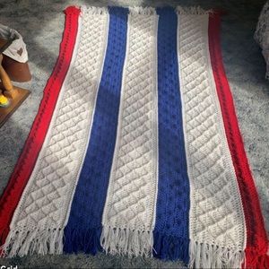 Freedom Fisherman Style Afghan w/Fringe Hand Crocheted In Red, White & Blue